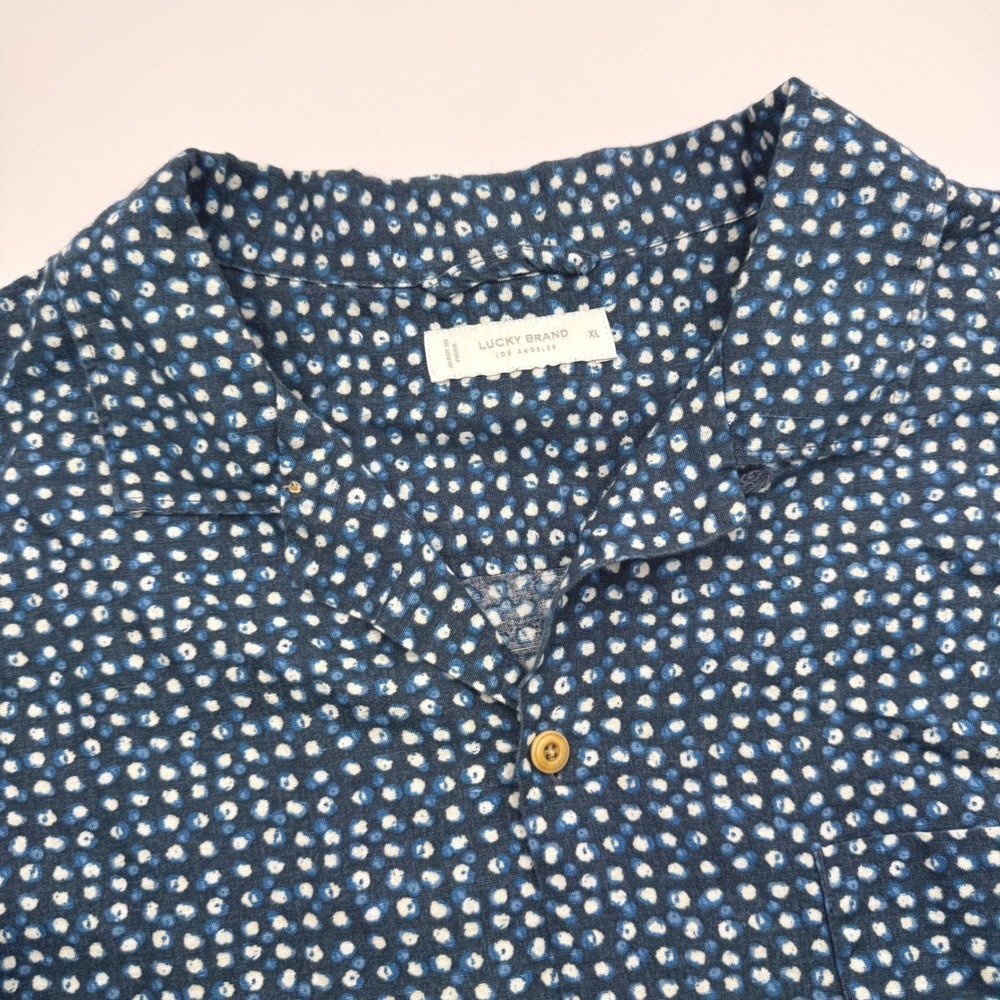 Lucky Brand Los Angeles Men's XL‎ Camp Shirt Blue White Polka Dot Button Up